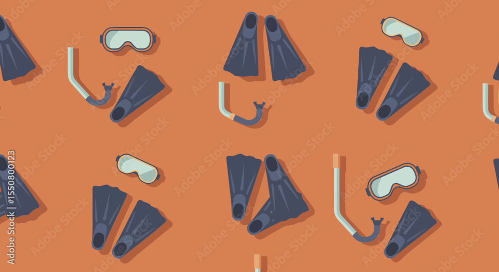 Fototapeta premium Snorkeling Gear Pattern Fins Mask and Snorkel in a Flat Design.