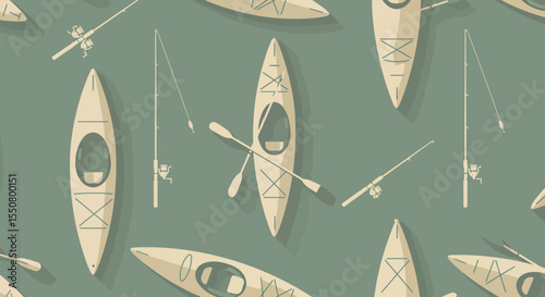 Stylized Kayaks and Fishing Rods Pattern with Paddles in Muted Tones.