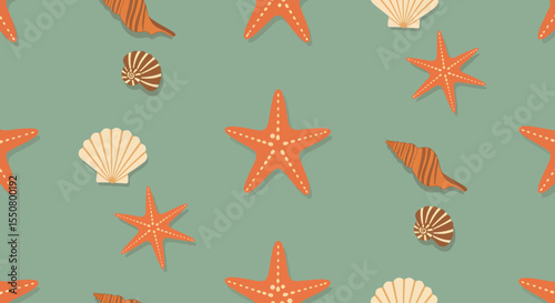 Stylized Seashells and Starfish Pattern with Earthy Tones on a Teal Background.