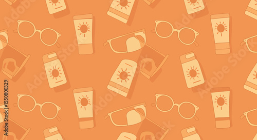 Summer essentials pattern Sunglasses sunscreen tubes and beach vacation vibes.