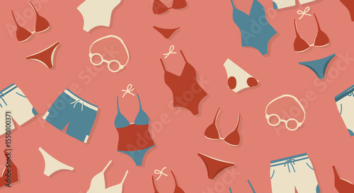 Summer Swimwear Pattern RetroStyle Suits Trunks and Goggles on Coral Background.