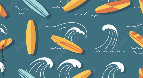 Surfboards and Waves A Seamless Pattern of Ocean Adventure and Summer Fun.