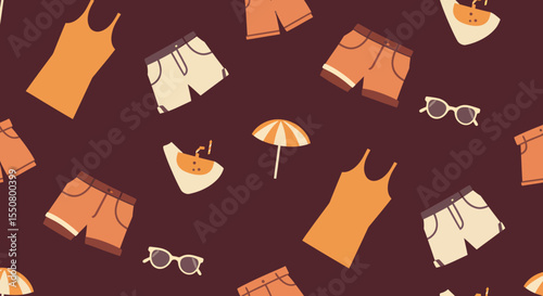 Summer themed pattern with swimsuits shorts sunglasses umbrella and coconut drink.