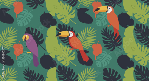 Tropical Toucans and Foliage Pattern Vibrant Plumage and Exotic Leaves.