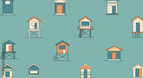 Whimsical Beach Huts A Colorful and Playful Architectural Pattern.