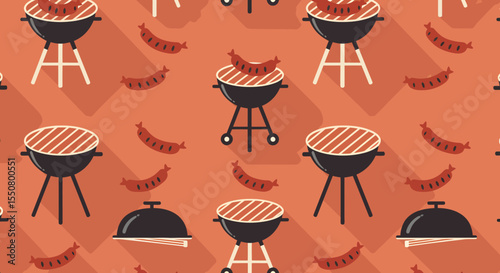 BBQ Grill and Sausage Pattern Summer Cookout Seamless Design with Retro Style.