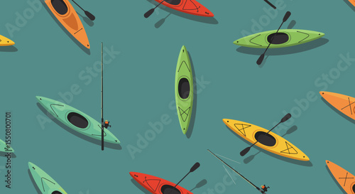 Colorful Kayaks and Fishing Rods Pattern Orange Yellow Green and Red Boats.