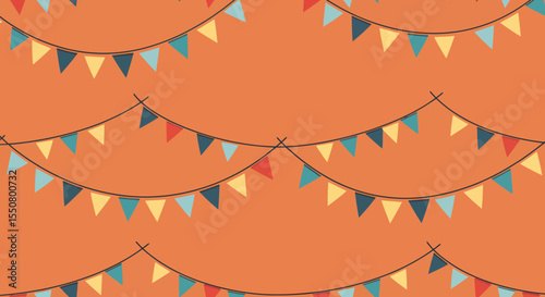 Festive bunting pattern with teal yellow navy and red triangular flags.