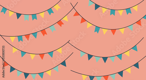 Festive bunting with teal yellow and orange triangular flags strung on black cords.