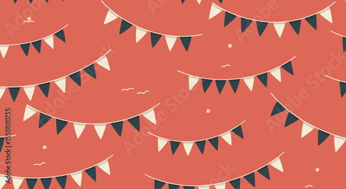 Festive Celebration Repeating Pattern of Bunting Garlands with Dark Blue and Cream Flags.