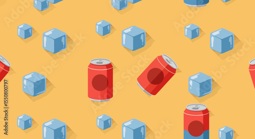 Isometric Red Soda Cans and Light Blue Ice Cubes Pattern on Yellow Background.