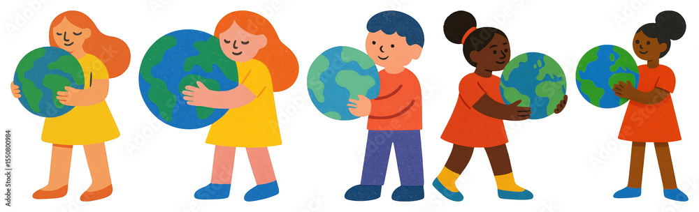 Fototapeta premium PNG Children holding colorful Earth globes, element set on transparent background