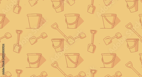 Playful Pattern of Cartoonish Buckets and Shovels for Beach Fun.