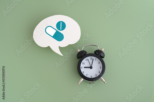 Drugs icons on real white speech bubble paper cut with black analog  clock on green background