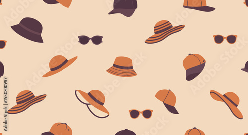 Playful Pattern of Summer Hats and Sunglasses in Earthy Tones.