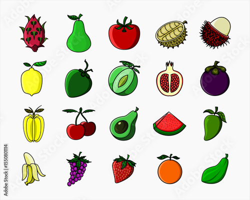 Set of fruits Colorful Tropical and Exotic Fruits Vector Set – Rambutan, Durian, Mango, Papaya, Dragonfruit and More