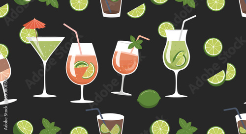 Refreshing cocktail pattern with lime slices straws and decorative umbrellas on dark background.