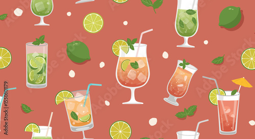 Refreshing cocktails and limes with straws and mint leaves in a seamless pattern.