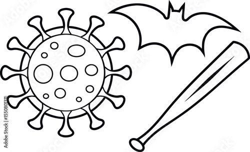 Coronavirus pandemic origin concept depicting virus bat and baseball bat symbols