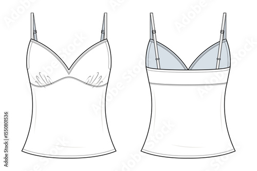 Spaghetti Strap Camisole Top Technical Fashion Illustration. Fitted Camisole Vector Template. Adjustable Shoulder Straps. Bust Seam Detail. Front and Back View. Women’s Wear. CAD Mockup.