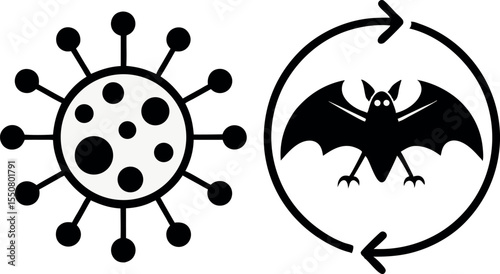 Coronavirus transmission cycle illustrated with virus and bat in simplified black and white graphics