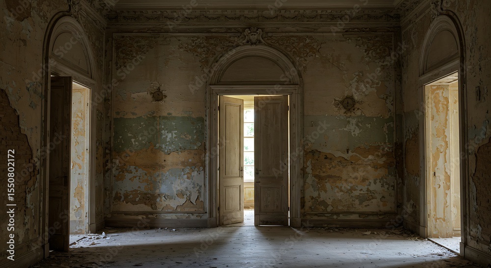 Fototapeta premium A beautiful old room in an abandoned building. Light from the windows. Beautiful doorway. Shabby walls. An old abandoned manor.