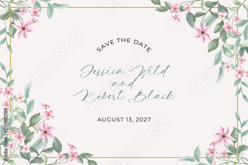 invitation card with pink floral watercolor frame