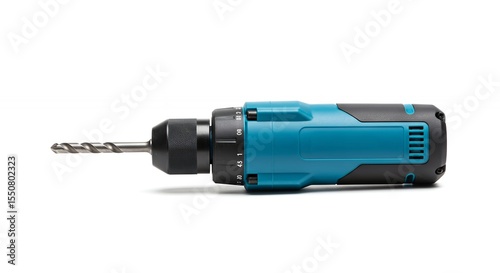 Teal and black electric drill on white background