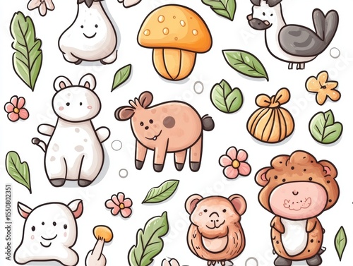 Cute animal pattern with mushrooms and flowers