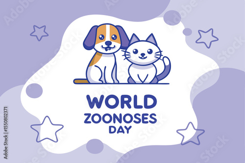 Cute cartoon dog and cat celebrating world zoonoses day with background elements
