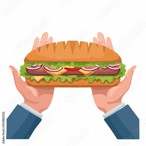 Vector Image of hands holding a giant sub sandwich 06