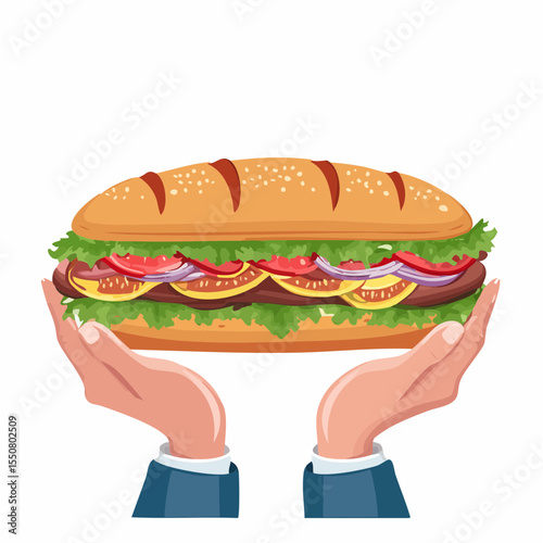 Vector Image of hands holding a giant sub sandwich 08