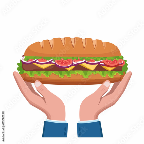 Vector Image of hands holding a giant sub sandwich 09