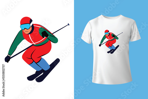Ski winter sport vintage typography t shirt design with glasses and skier silhouette	