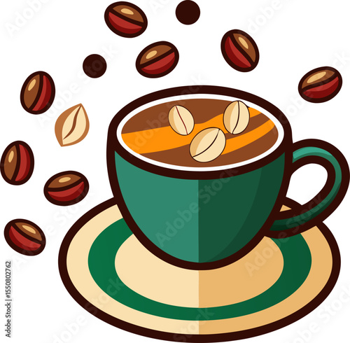 Colour-block vector of a latte cup and saucer with coffee beans scattered around with white background.