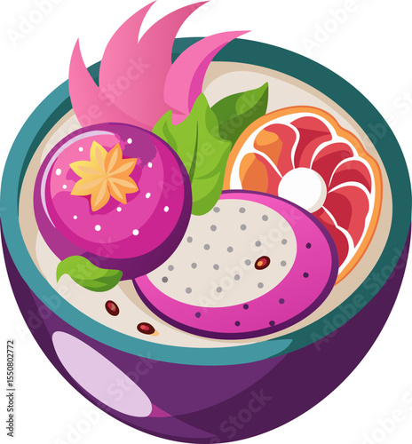Flat illustration of a smoothie bowl with dragon fruit swirl and coconut flakes with white background.