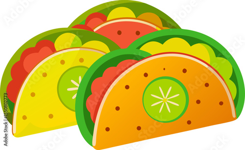 Colourful flat vector of a taco trio with guacamole, salsa, and lime slices with white background.