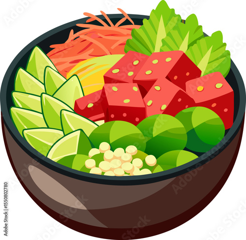 Vibrant vector of a poke bowl with cubed tuna, avocado, edamame, and sesame seeds with white background.