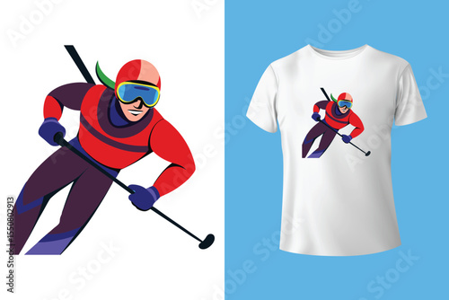 Ski winter sport vintage typography t shirt design with glasses and skier silhouette	