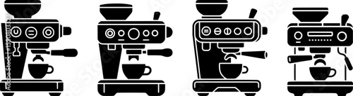Espresso Machine Silhouette Vector Set – Minimalist Black Coffee Maker Icons with Portafilter and Cup – Bold Geometric Cafe Illustrations for Barista or Coffee Shop Design