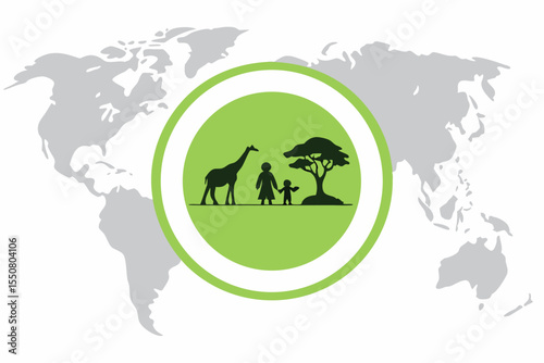 Family wildlife safari adventure depicted within a circle over a world map