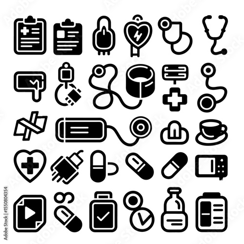 Health checkup icon vector pack with diverse healthcare items, suitable for digital health apps, educational posters, or clinic UI assets in flat style.
