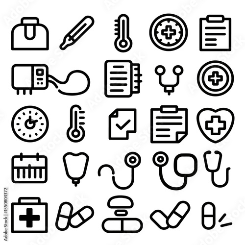 Health checkup icon vector featuring medical tools and diagnostic elements, suitable for healthcare UI or infographic purposes, in modern monochrome style.