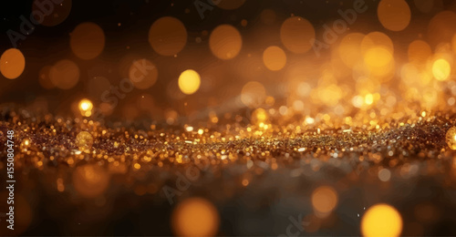 Golden Christmas tree lights glow warmly on snow, creating a bright, blurred holiday celebration at night