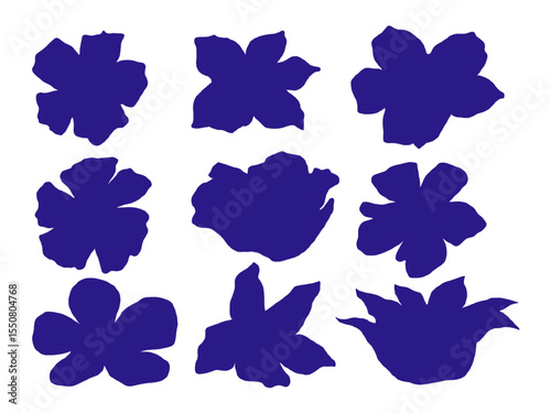 Hand Drawn Botanical Flower Silhouette. A curated set of 9 floral silhouettes in bold navy featuring hand drawn organic petals in wild forms. Perfect for modern botanical compositions