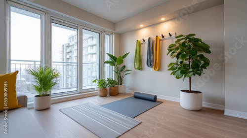Modern home yoga studio with natural lighting and city view for wellness practice