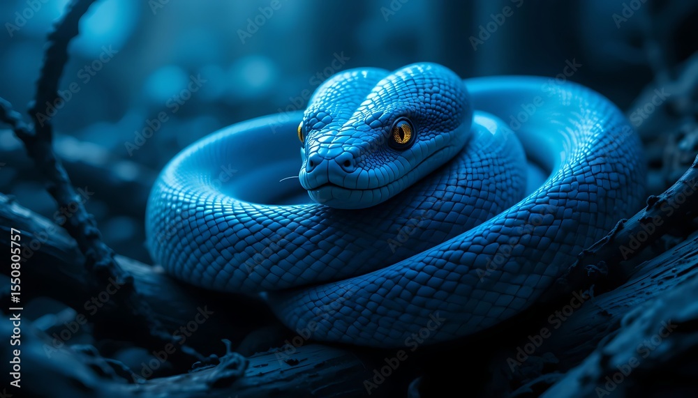 Fototapeta premium Azure Serpent Coiled on a Branch Under Deep Blue Shadows