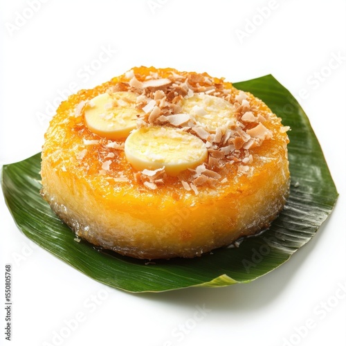 A different delicious Filipino dessert, Bibingka, served on a banana leaf with a soft golden crust, 