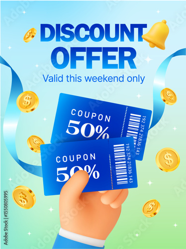 3d hand holding coupons with coupon code, percentage off, flying golden coins and ribbon, yellow bell, isolated on background. Discount offer banner template for sale off event in 3d vector. Vector