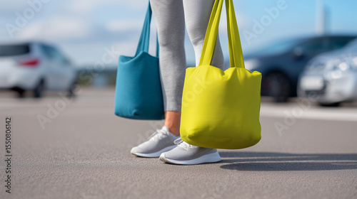 Eco friendly shopping lifestyle with colorful reusable bags and sustainable choices